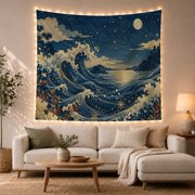 Dynamic Nocturnal Wave with Moonlit Stars, Moody Japanese Inspired for Ocean Lovers, Celestial Wall Art, Birthday Gift Tapestry Wall Hanging for Bedroom and Living Room