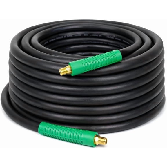 DYNAMIC POWER Premium Black Rubber Air Hose 3/8" x 50 ft 300 PSI Assembly with 1/4" Male Pipe Thread Fittings & Bend Restictors.