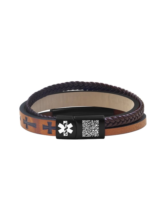 Dynamic QR Code Medical Alert Bracelet for Men Scan to Update Medical Info No Medical Info Needed at Checkout Braided PU Leather Cross Emergency ID Bracelet Waterproof Lightweight for Outdoor