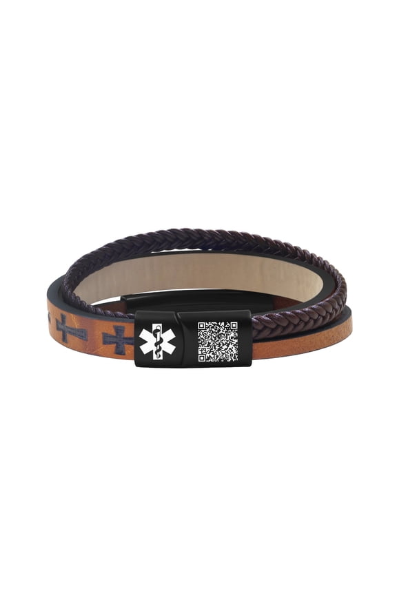 Dynamic QR Code Medical Alert Bracelet for Men Scan to Update Medical Info No Medical Info Needed at Checkout Braided PU Leather Cross Emergency ID Bracelet Waterproof Lightweight for Outdoor