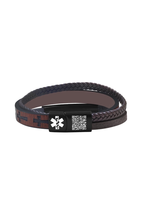 Dynamic QR Code Medical Alert Bracelet for Men Scan to Update Medical Info No Medical Info Needed at Checkout Braided PU Leather Cross Emergency ID Bracelet Waterproof Lightweight for Outdoor Sports
