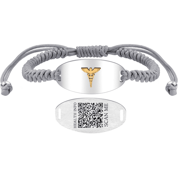 Dynamic QR Code Medical Alert Bracelet for Men Women, Adjustable Gray Braided Rope Stainless Steel Emergency ID with Golden Medical Symbol, Scan to Update Medical Information, Silver or Black