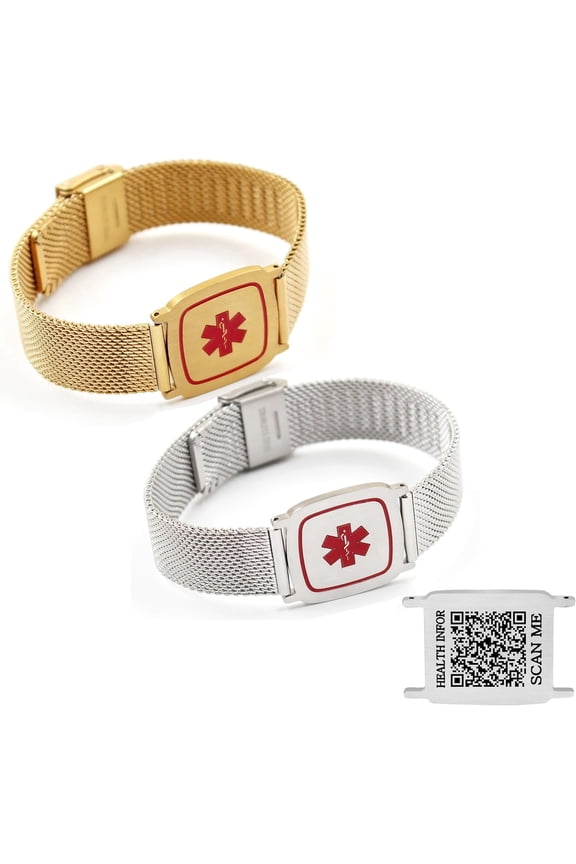 Dynamic QR Code Medical Alert Bracelet for Men Women Scan to Update Medical Info No Medical Info Needed at Checkout Stainless Steel Mesh Emergency ID Bracelet Waterproof Hypoallergenic