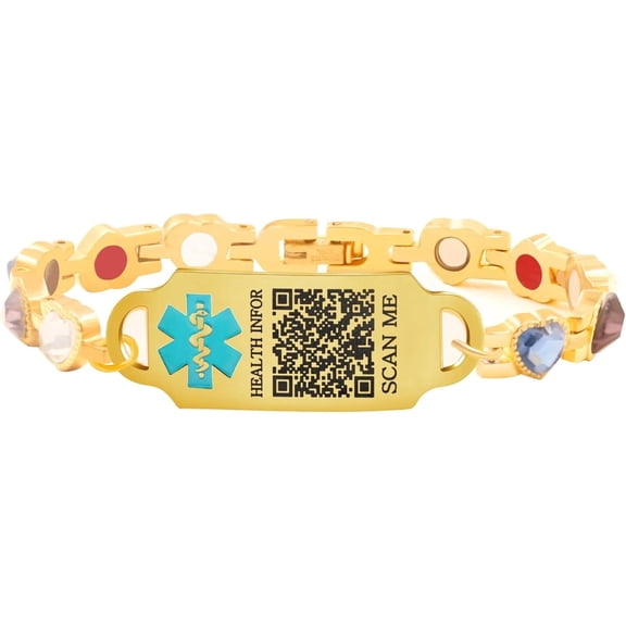 Dynamic QR Code Medical Alert Bracelet for Women, 18K Gold Plated Stainless Steel Medical ID Bracelet with HeartShaped Colorful Zircon Stones, Scan to Update Medical Information, Adjuster Included