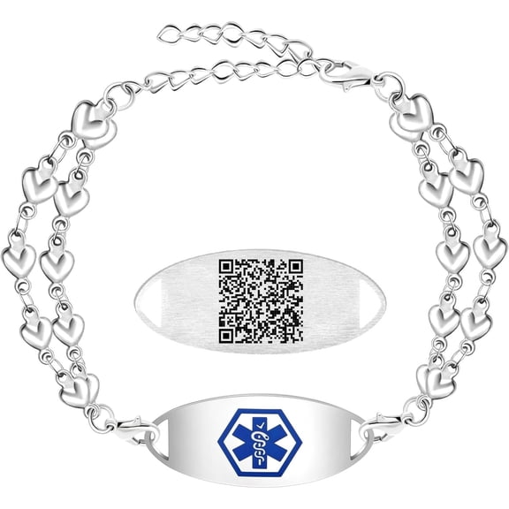 Dynamic QR Code Medical Alert Bracelet for Women, Double Layer Heart Link Stainless Steel ID Bracelet, Scan to Update Emergency Info, Dual Lobster Clasp, Interchangeable Tag