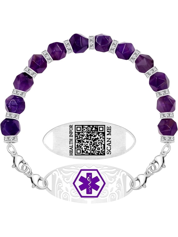 Dynamic QR Code Medical Alert Bracelet for Women, Faceted Purple Crystal Beads Medical ID Bracelet, Scan to Edit Health Info, Stainless Steel Interchangeable Medical Tag