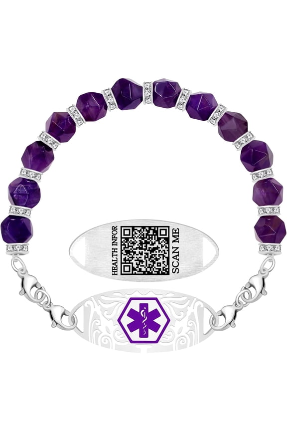 Dynamic QR Code Medical Alert Bracelet for Women, Faceted Purple Crystal Beads Medical ID Bracelet, Scan to Edit Health Info, Stainless Steel Interchangeable Medical Tag