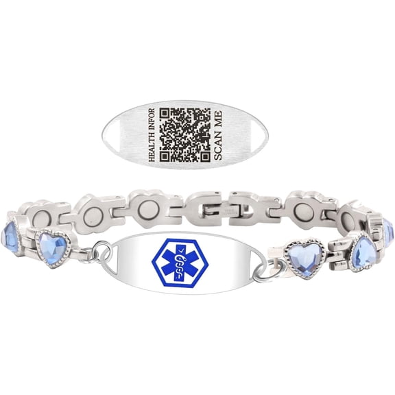 Dynamic QR Code Medical Alert Bracelet for Women, Heart-Shaped Zircon Chain Titanium Steel Jewelry, Editable Medical ID Bracelet, Scan to Update Medical Information Anytime, No Engraving Required