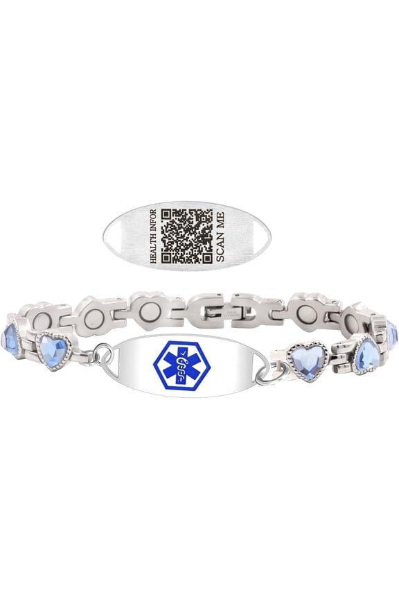 Dynamic QR Code Medical Alert Bracelet for Women, Heart-Shaped Zircon Chain Titanium Steel Jewelry, Editable Medical ID Bracelet, Scan to Update Medical Information Anytime, No Engraving Required
