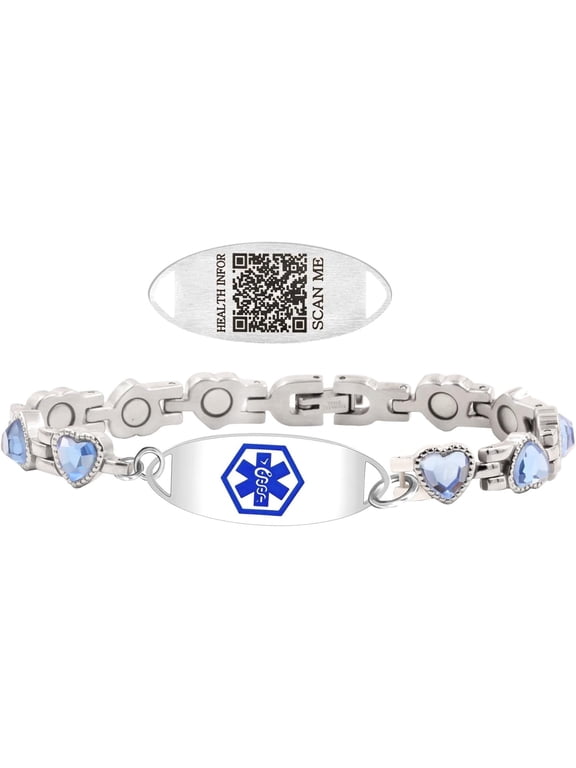 Dynamic QR Code Medical Alert Bracelet for Women, Heart-Shaped Zircon Chain Titanium Steel Jewelry, Editable Medical ID Bracelet, Scan to Update Medical Information Anytime, No Engraving Required