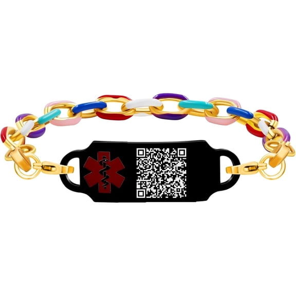 Dynamic QR Code Medical Alert Bracelet for Women & Men, Golded Plated Stainless Steel Chain with Colorful Enamel Links, Scan to Update Medical Info, Emergency Medical ID Jewelry with Star of Life