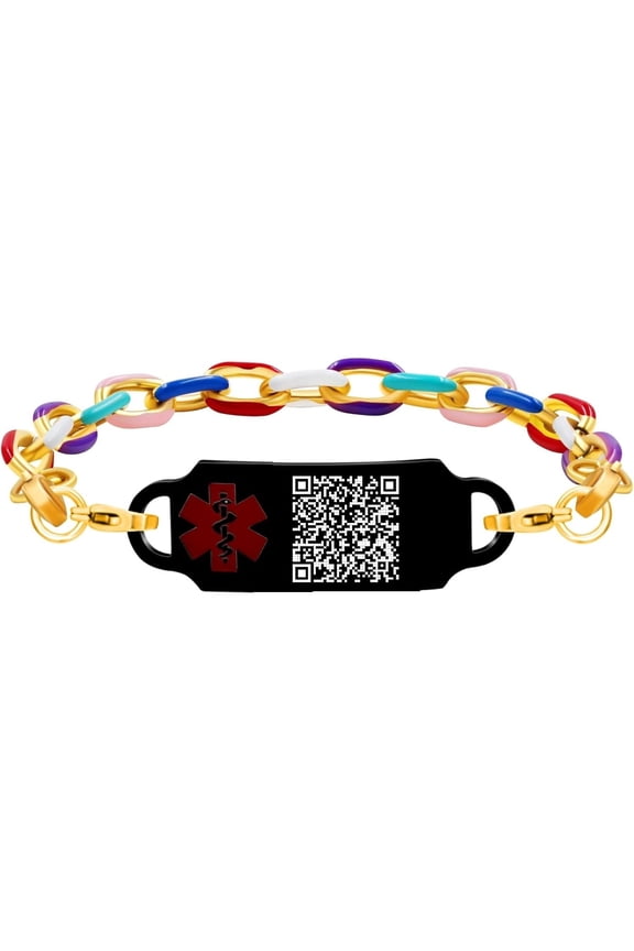 Dynamic QR Code Medical Alert Bracelet for Women & Men, Golded Plated Stainless Steel Chain with Colorful Enamel Links, Scan to Update Medical Info, Emergency Medical ID Jewelry with Star of Life