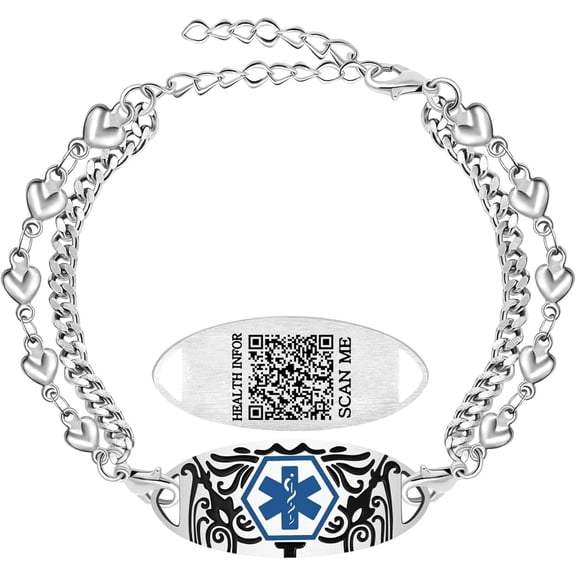 Dynamic QR Code Medical Alert Bracelet for Women Men Scan to Update Medical Info No Medical Info Needed at Checkout Double Layer Stainless Steel Chain Emergency ID Bracelet with Double Lobster Clasp