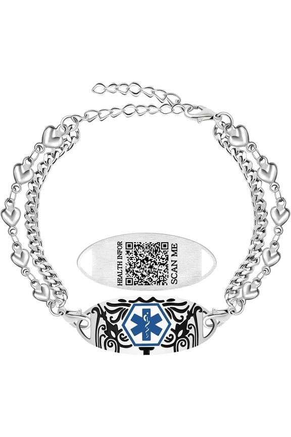 Dynamic QR Code Medical Alert Bracelet for Women Men Scan to Update Medical Info No Medical Info Needed at Checkout Double Layer Stainless Steel Chain Emergency ID Bracelet with Double Lobster Clasp