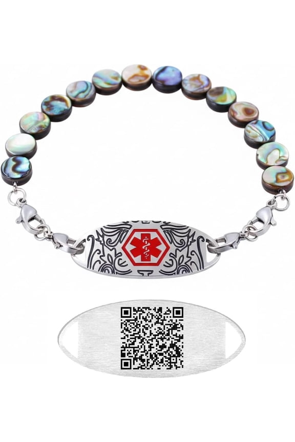 Dynamic QR Code Medical Alert Bracelet for Women | Round Abalone Shell Beads & Stainless Steel ID | Scan to Edit Emergency Info, Allergy & Diabetes ID Jewelry, Double Lobster Clasp, Adjustable