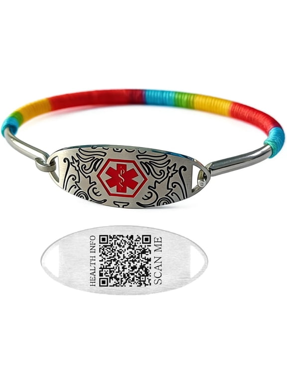 Dynamic QR Code Medical Alert Bracelet for Women, Stainless Steel Cuff with Red Medical Symbol, Editable Emergency Health ID, No Engraving Required, Scan to Update Medical Information