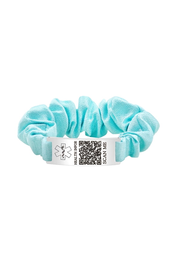Dynamic QR Code Medical Alert Scrunchie Bracelet for Women, Editable Fabric Medical ID Wristband, Scan to Update Emergency & Health Information Without Login, Elastic Hair Tie Style, Blue
