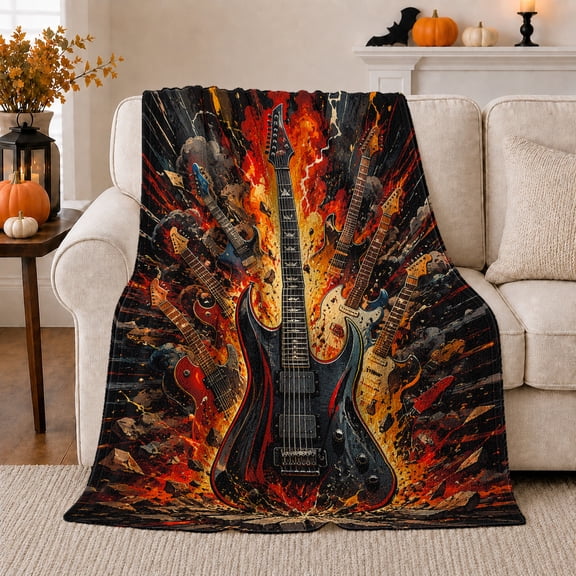Dynamic Rock Guitar Explosion, Festive Holiday Scene, Warm Flannel Blanket for Living Room and Family Room with Detailed Artwork, Art Lovers Christmas Gift, Festive Home Decor