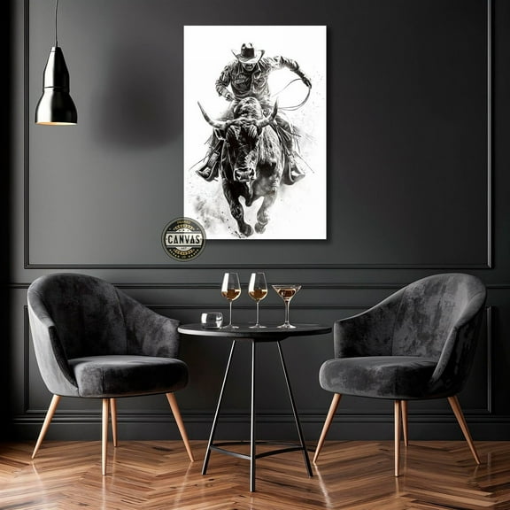 Dynamic Rodeo Cowboy Wall Art American Bull Rider Art Black And White Southwestern Decor Vertical Ready To Hang Unframed Paper Print