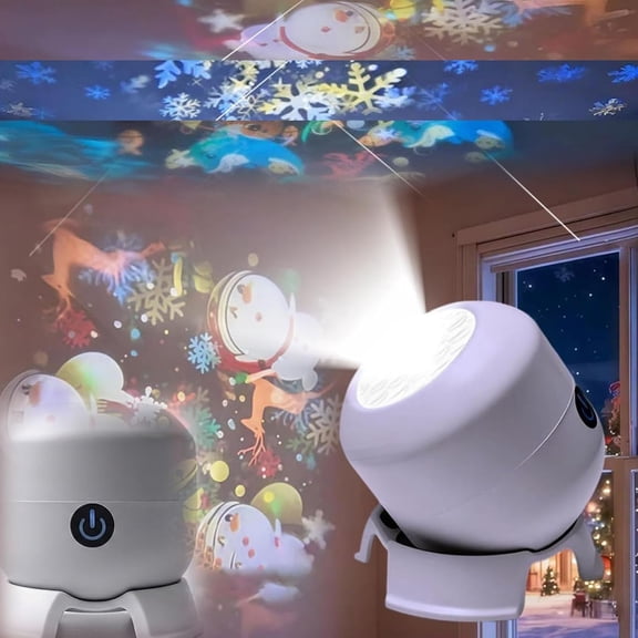 Dynamic Rotating LED Projector Light, 360° USB Rechargeable LED Projector, Snowflake/Christmas/Ocean Dynamic Patterns, Brightness Ambient Lighting for Indoor Decoration (Charging, Christmas)