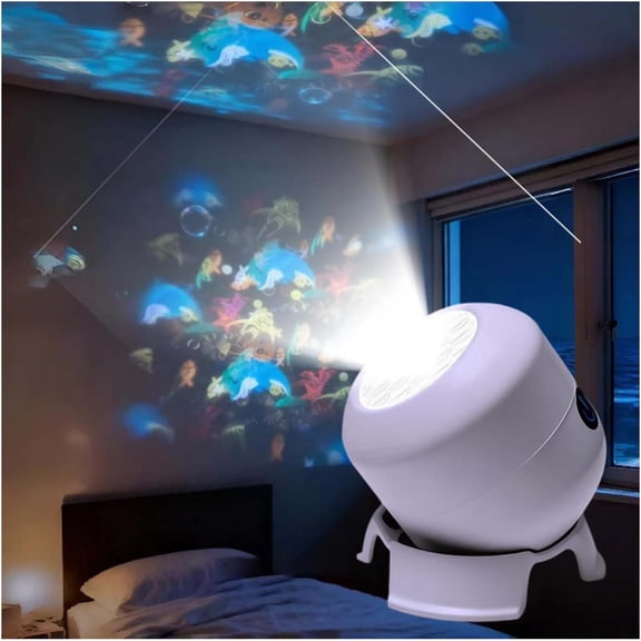 Dynamic Rotating LED Projector Light USB Powered Plug in Night Light with Snowflake Dolphin Patterns Adjustable Brightness Ambient Room Lighting for Home Decor