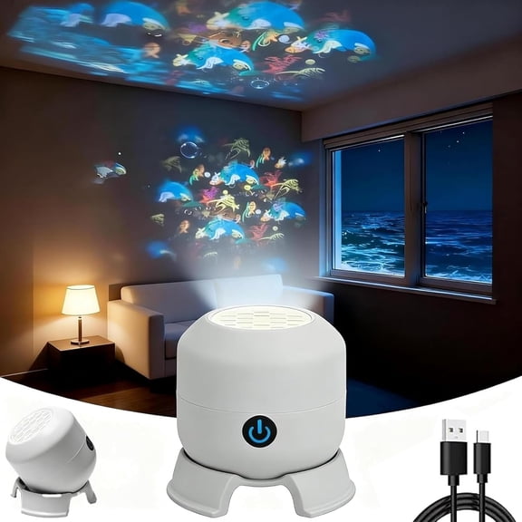 Dynamic Rotating Led Projector Light Ocean, USB Rechargeable LED Projector with Ocean and Soccer Patterns, 360 Immersive Experience, Portable Decor Light for Bedroom Wall (#A-Charging)