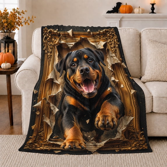 Dynamic Rottweiler Bursting Through Baroque Frame, Playful Pet Portrait Pattern, Warm Flannel Blanket for Living Room and Bedroom, Dog Lovers Just Because Gift, Pet Lover Home Decor