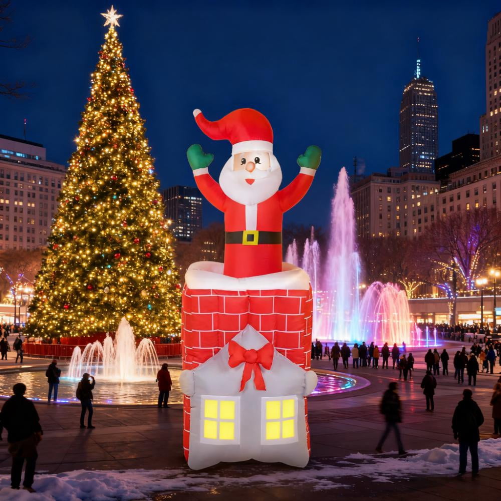 Dynamic Santa Claus Inflatable Rising from Chimney with LED Lights Outdoor Yard Christmas Decoration