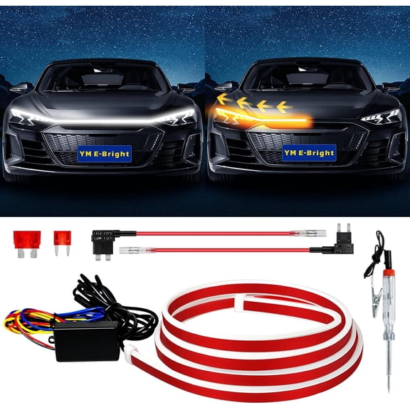 Dynamic Scan Start Up Hood Light Strip Sequential Flowing Turn Signal Lights Flexible DRL Daytime Running Light Car Led Light Strip Exterior,Dual Color Amber White Switchback 12V 70inch (1 Set)