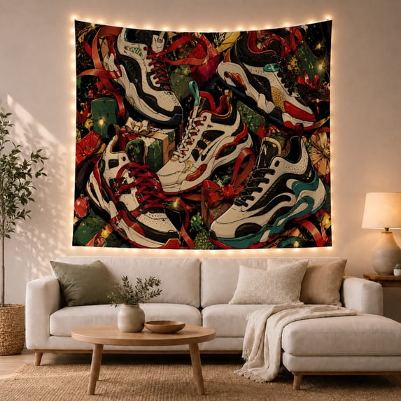 Dynamic Sneakers Collage Against Festive Holiday Gift Boxes with Energetic Digital Art for Teen Boys, Athletic Shoe Themed Decor, Christmas Tapestry Wall Hanging for Bedroom and Dorm
