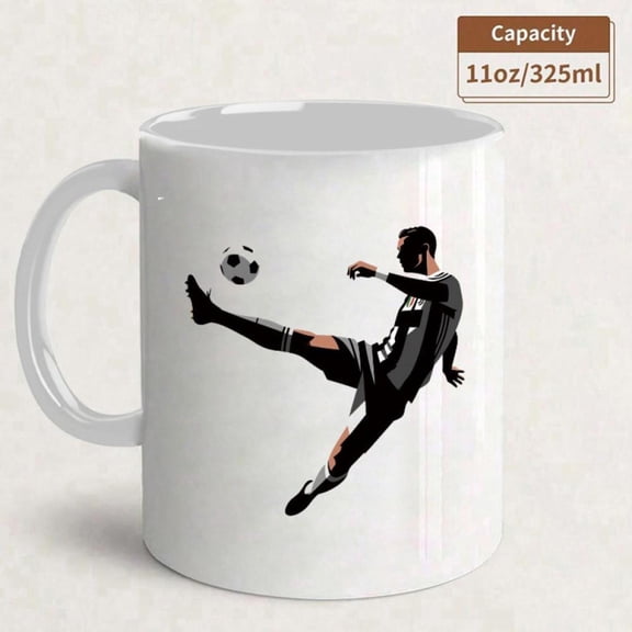 Dynamic Soccer Player Mug 11oz Ceramic Coffee Cup with Black White Design Mid Kick Action Figure Goalkeeper Silhouette like Lines Soccer Fans Players Hand Wash Only Officially Inspired Like