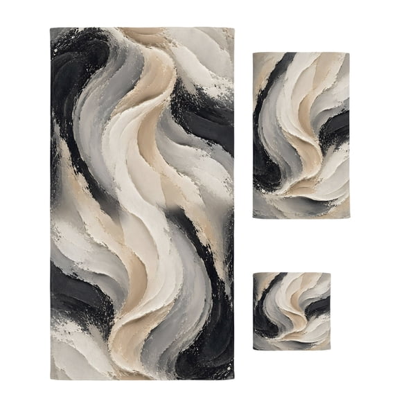 Dynamic Swirl 3 Piece Bath Towel Sets Abstract Beige Black Gray Heavy Impasto Textured Ultra Soft Absorbent Set Includes 1 Bath Towels, 1 Hand Towels and 1 Wash Coths Microfiber Towel for Bathroom