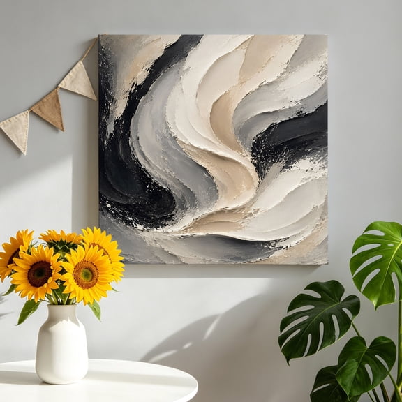 Dynamic Swirl Canvas Wall Art, Abstract Beige Black Gray Heavy Impasto Textured Framed Picture Canvas Wall Art Print Decor Artwork Decorations for Living Room Bedroom Ready to Hang 8" x 8"