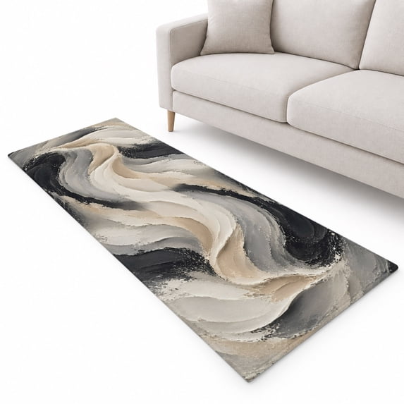 Dynamic Swirl Runner Rug 2.6'x10', Abstract Beige Black Gray Heavy ...