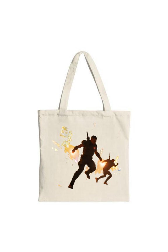 Dynamic Tote Bag with a striking silhouette of a runner wielding a surrounded by fiery effects—perfect for action lovers