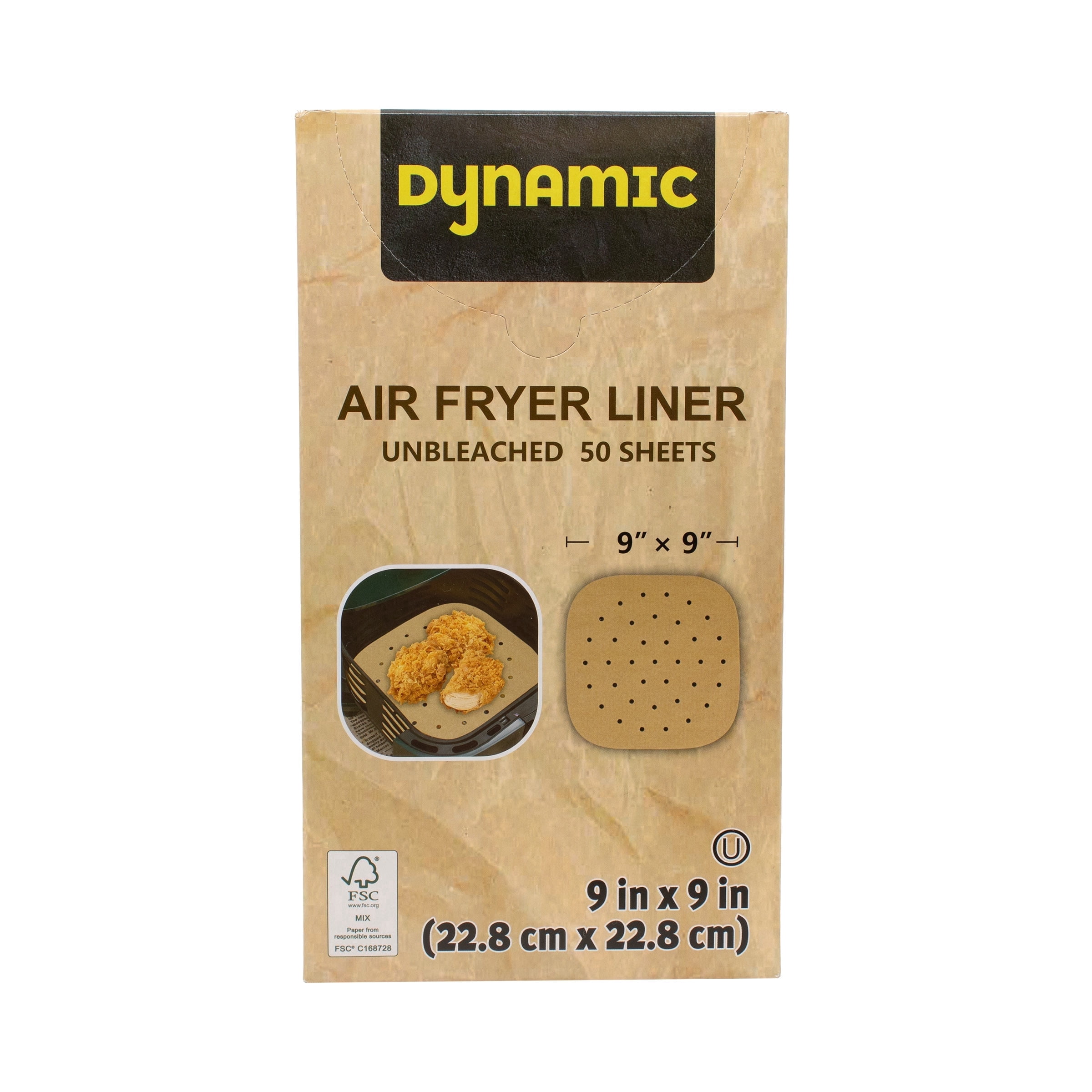 Dynamic Unbleached Air Fryer Paper Liners, 9 x 9 Inch Square, PFAS-Free, 600 Sheets Total (50 Sheets per Pack, 12-Pack)