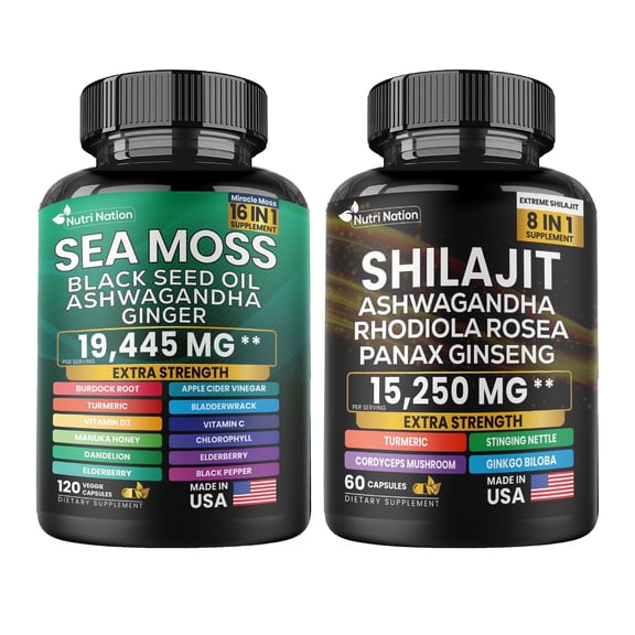 Nutri Nation Dynamic Vitality Bundle Sea Moss and Shilajit Capsules Energy Support Superfood 120 Count