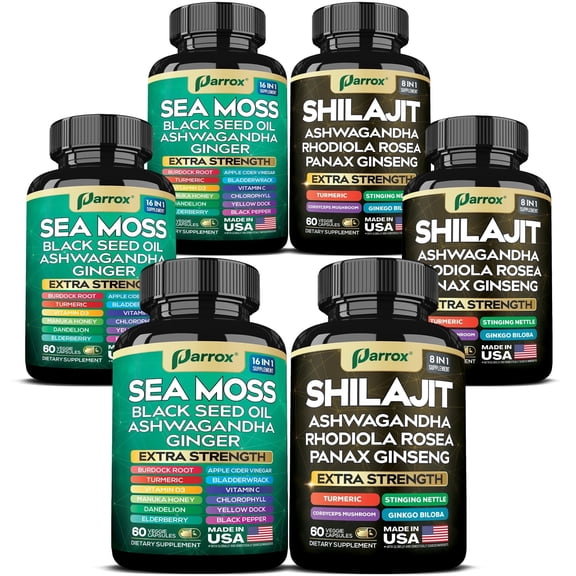Dynamic Vitality Bundle, Sea Moss, Black Seed Oil, Ashwagandha, Ginger, Turmeric, Dandelion, Shilajit, Panax Ginseng, Rhodiola Rosea, Cordyceps Mushroom, All-in-One Supplements Duo (3 Pack)