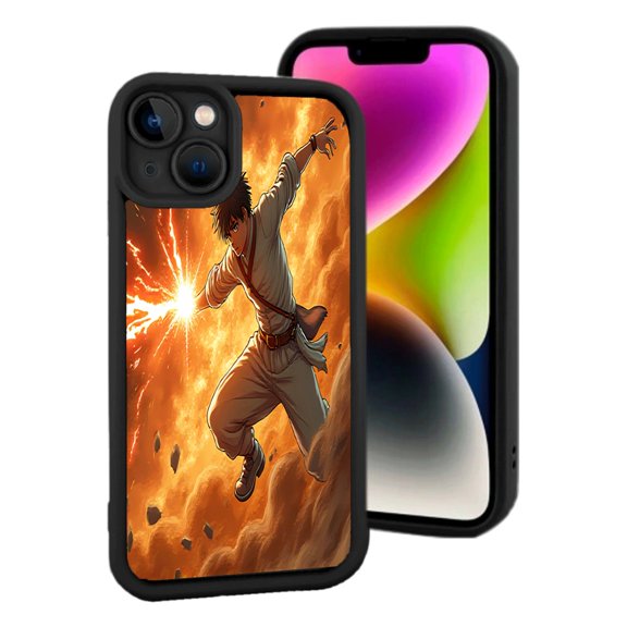 Dynamic iPhone 15 Case - Lightweight Yellowing Resistant Features Fiery Sky Design with Action Character Black Border & Kickstand