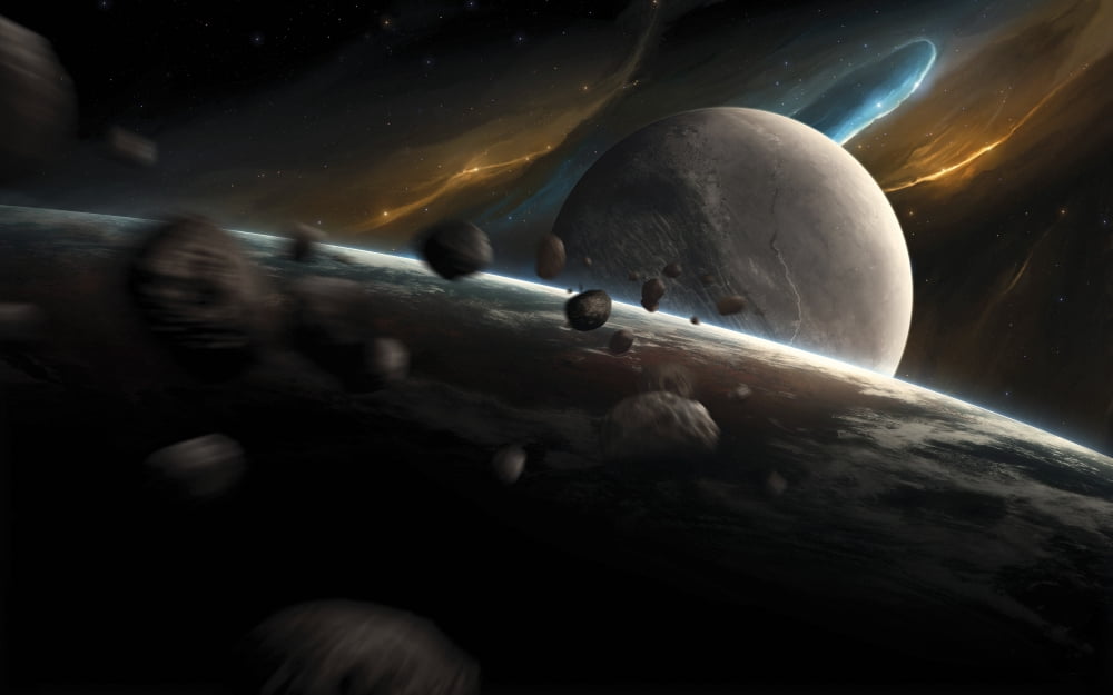 Dynamic space scene with incoming asteroids Canvas Art - Tobias RoetschStocktrek Images (18 x 12)