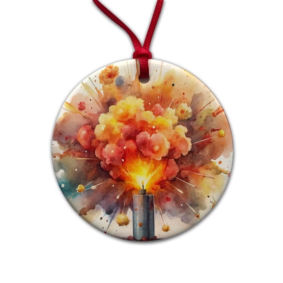 Dynamite Exploding Explosion Watercolor Christmas Tree Holiday Round Ceramic Ornament