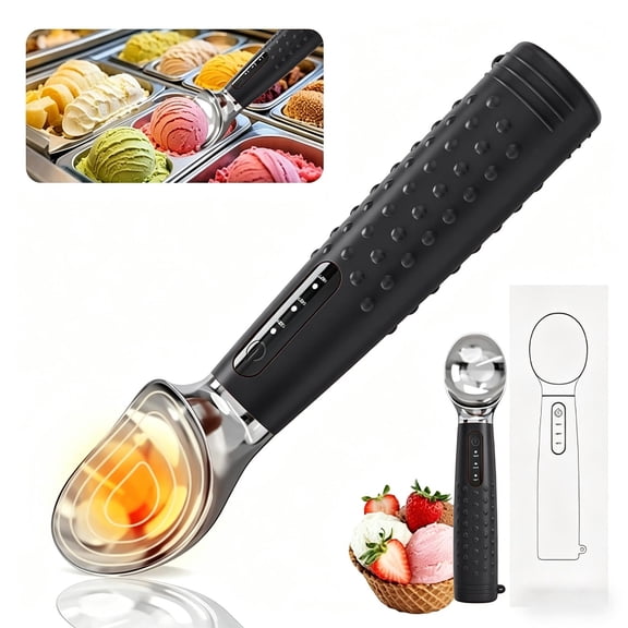 Dynamoelectric Heated Ice Cream Spoon Stainless Steel for Effortless Scooping at Home, 3 Temperature Settings, Rechargeable, Cordless Black