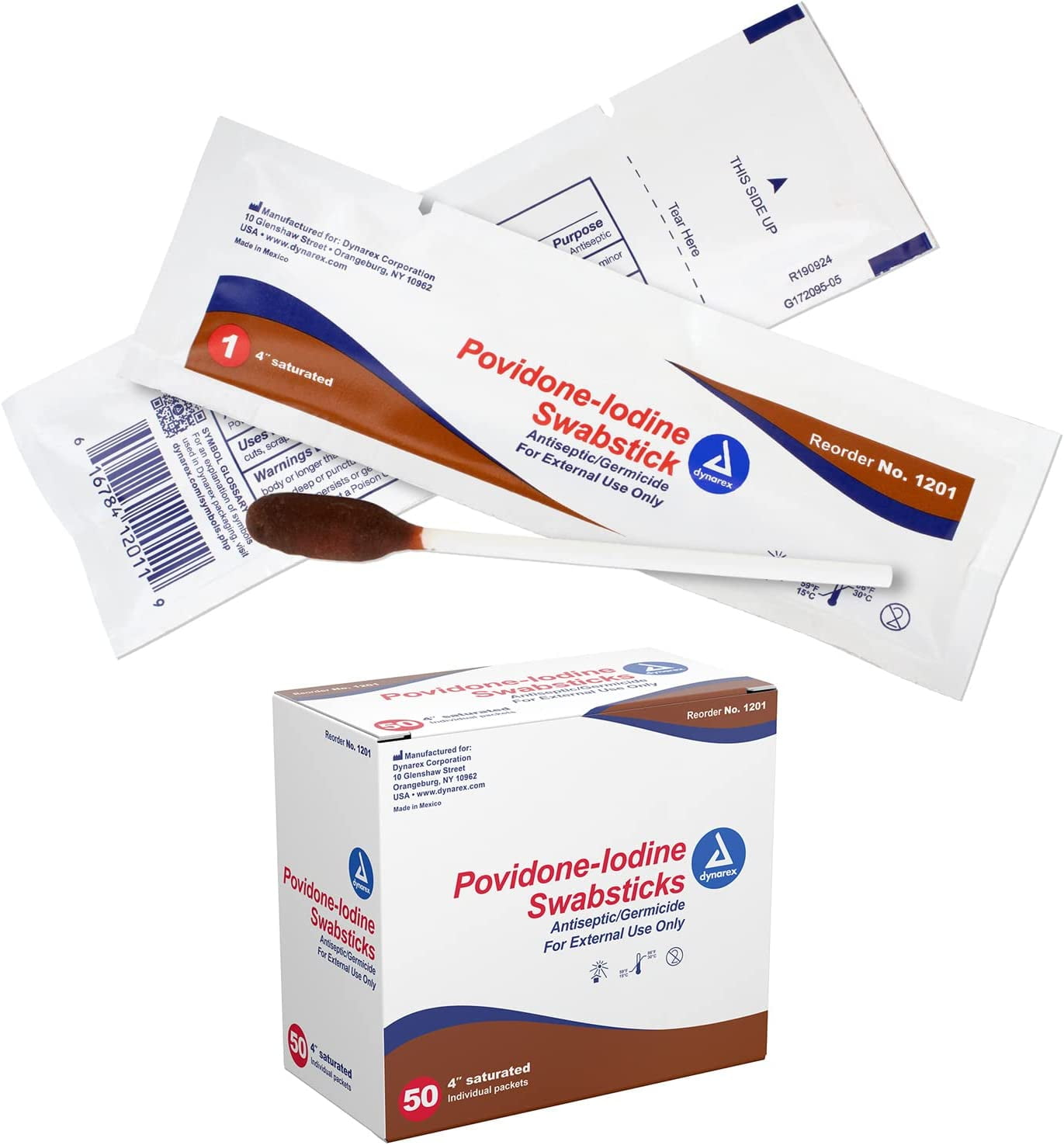 Dynarex 1201 Povidone Iodine Swabsticks 1 swabstick per pack (Case