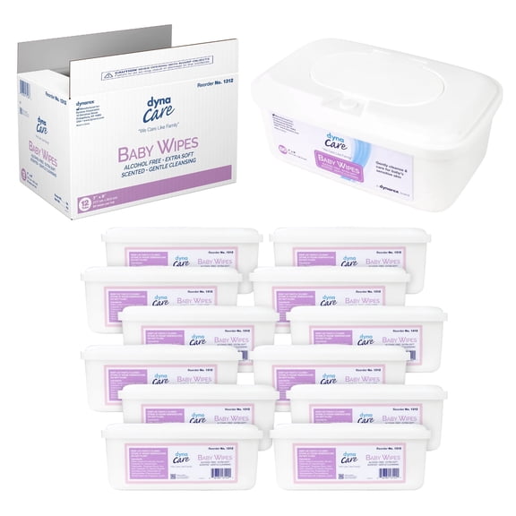 Dynarex Alcohol-Free Aloe Baby Wipes, Extra Soft Wet Wipes, Scented, 12 Tub Pack (960 Wipes)
