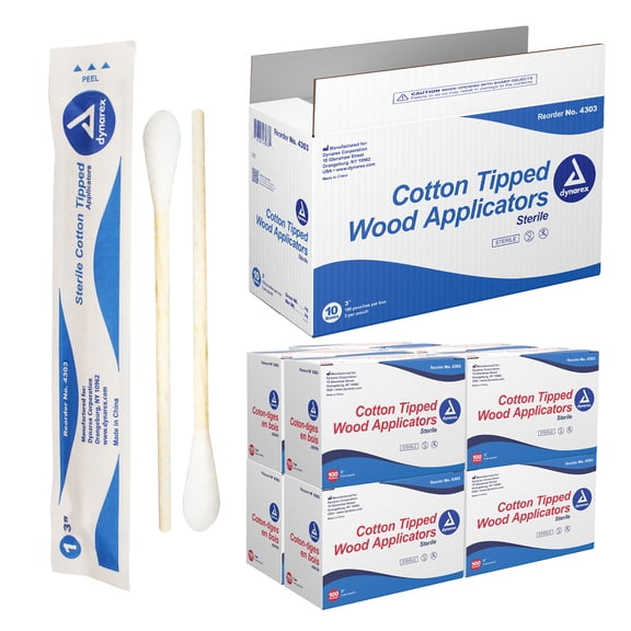 Dynarex 3-Inch Sterile Cotton Tipped Applicators, Single Use Wooden Cotton Tip Applicators for Wound Care & Dressing, Hygiene, Make Up, Cleaning Tools, Jewelry - 1 Case of 2,000 Applicators
