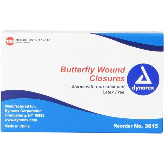 Dynarex Adhesive Bandage, Butterfly Fab, Medium, 3/8 Inches x 1 13/16 Inches Sterile, 100 Count