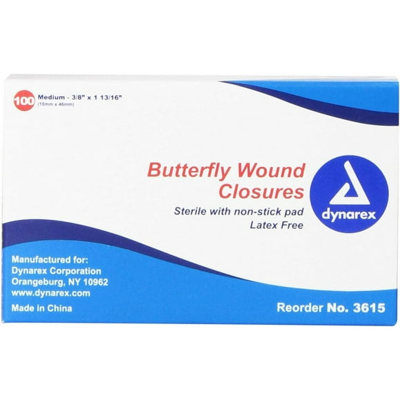 Dynarex Adhesive Bandage, Butterfly Fab, Medium, 3/8 Inches x 1 13/16 Inches Sterile, 100 Count