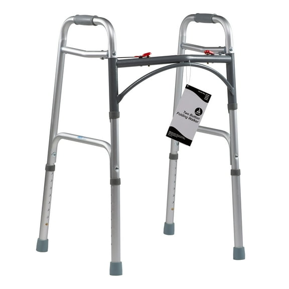 Dynarex Adult Two-Button Folding Walker is a Foldable Stand-Up Walker with Tool-Free Adjustable Height up to 39 & 350 Pound Weight Capacity, Silver, 1 Walker