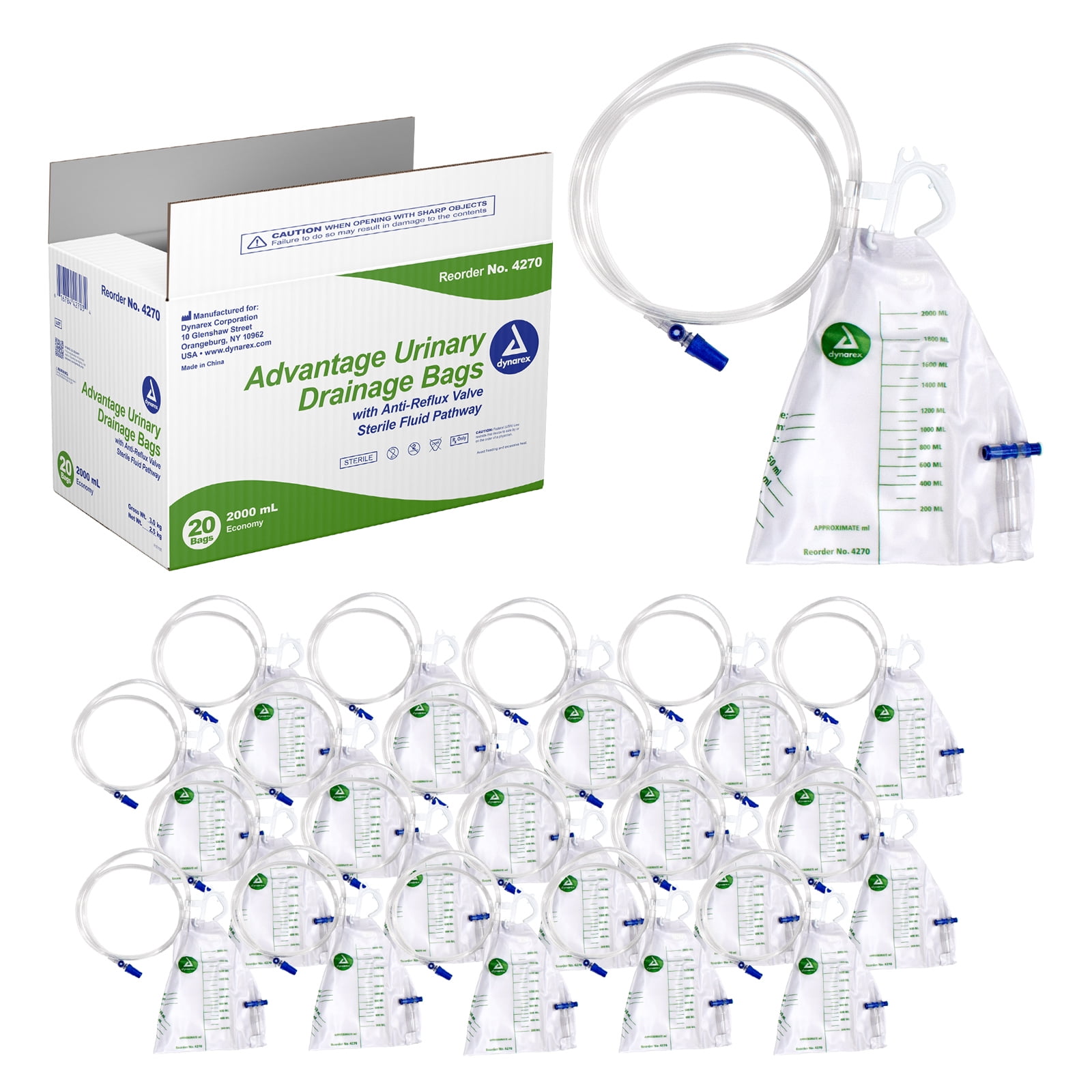 Dynarex Advantage Urinary Drainage Bag, Teardrop-Shaped Urine Bags for Men & Women, Anti-Reflux Chamber, No-Needle Sample Port, Universal Hanger, Vinyl Urinary Bags with Markings, 2000ml, 20 Count