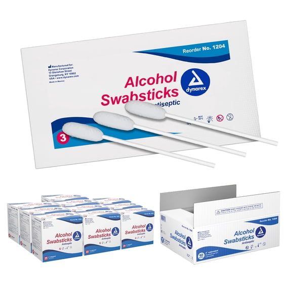 Dynarex Alcohol Swabsticks, Medical-Grade and Sanitizing, Saturated with 70% Isopropyl Alcohol, 4 Inches, 3 Swabsticks per Packet, Case of 250 Packets